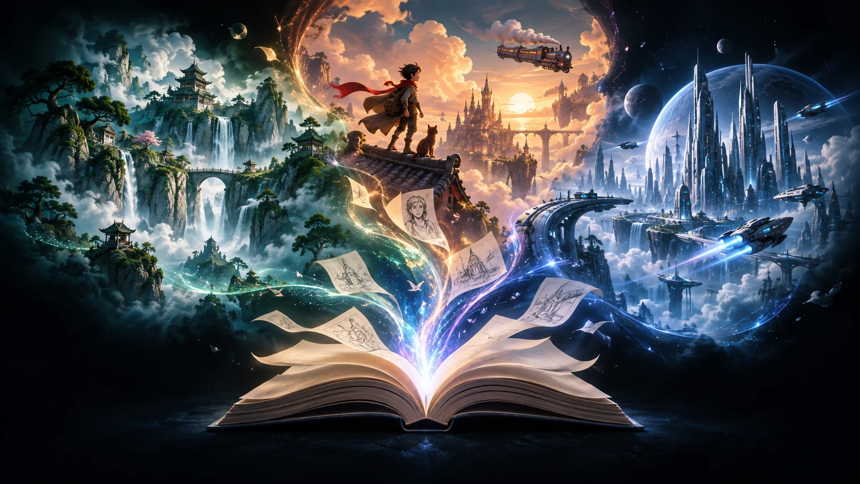 A spark rises from an open story manuscript, unfolding into Eastern fantasy, warm animation and a futuristic city